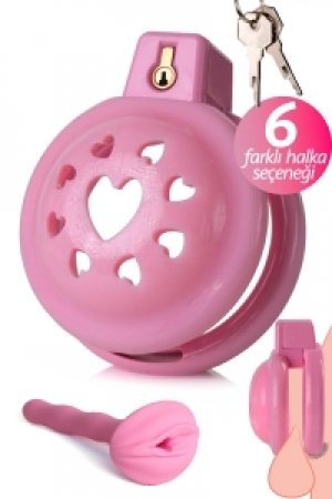 Pembe Penis Kafesi Vajina Şeklinde Sondalı Kalpli Kilit Sissy Kilidi Chastity Cage