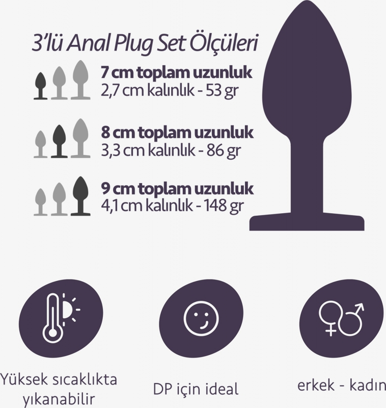 3 farklı boy alıştırıcı çelik gold anal plug set renkli taşlı açıcı ilişkiye baş