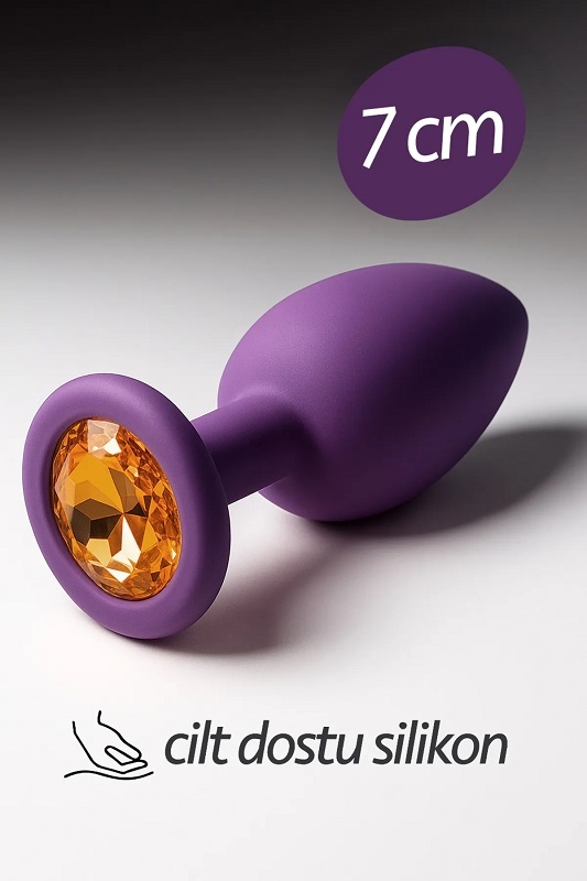 7 cm yüksek kalite silikon turuncu taşlı mor anal plug