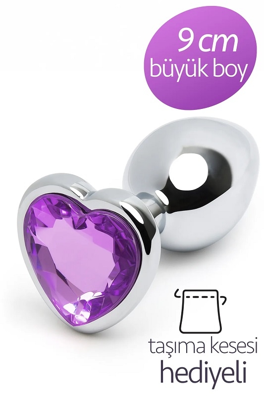 Büyük boy mor kalpli çelik anal plug