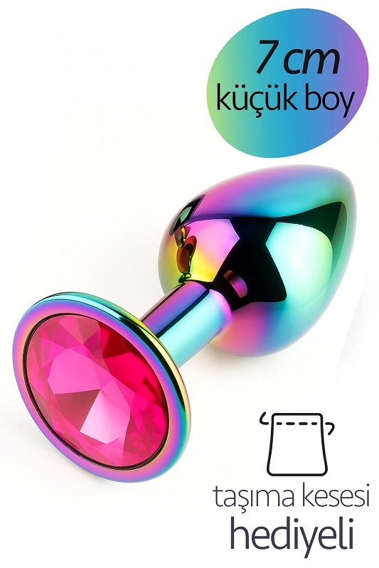 Gökkuşağı renkli küçük boy çelik 7 cm anal plug