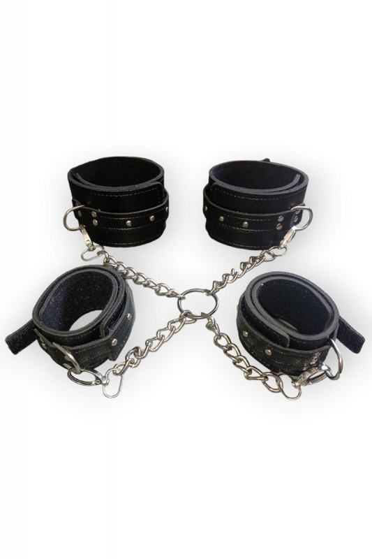 Siyah Deri Fantezi El Ayak Kelepçe Seti
