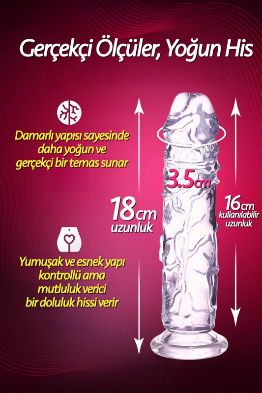 Ultra yumuşak şeffaf 18 cm gerçekçi penis realistik jel dokuda yumurtalıksız ana