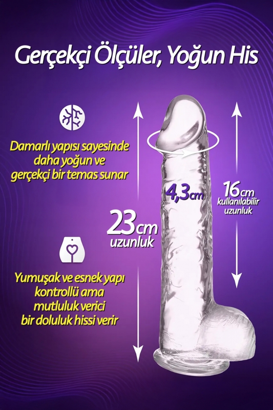 Ultra yumuşak şeffaf 23 cm kalın ve büyük gerçekçi penis realistik jel dokuda an